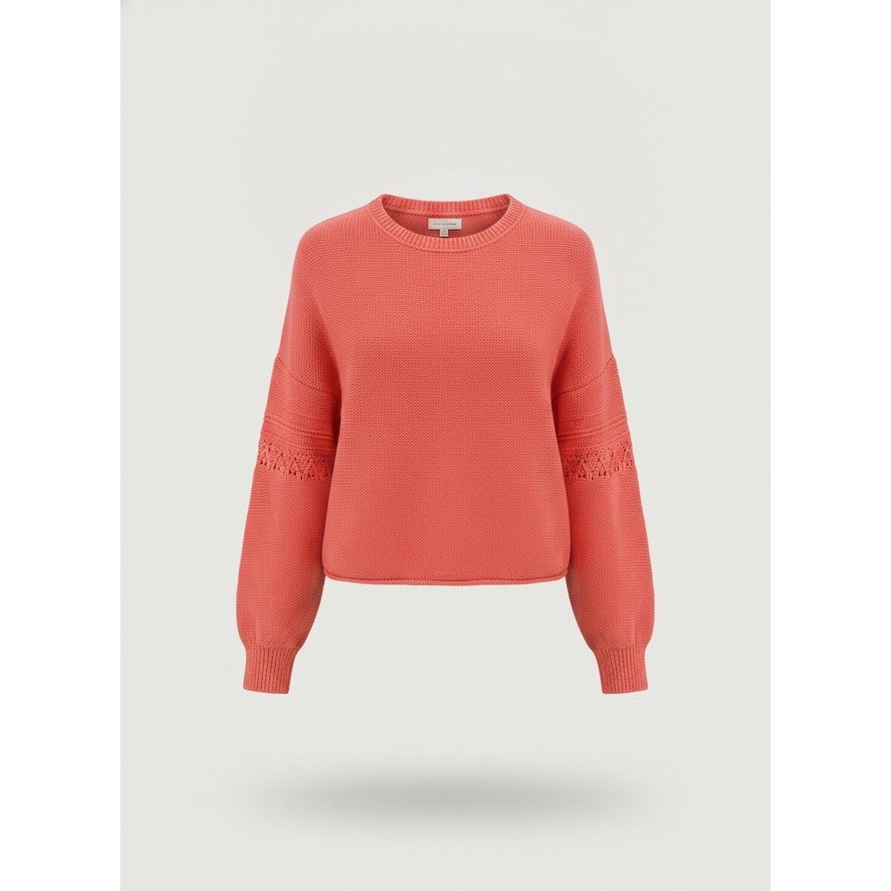 Lucky Brand Coral Pink Cotton Blend Crochet Lace Detail Knit Sweater Crew Neck